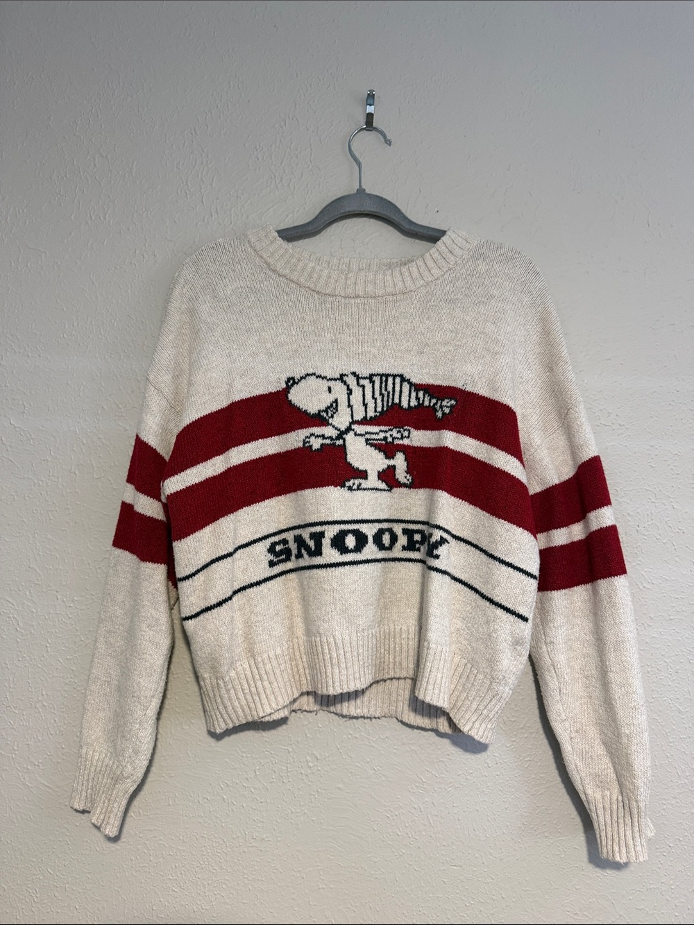 American Eagle Outfitters Cream & Red Snoopy Striped Crewneck Sweater